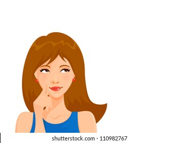 illustration of a pretty brunette woman looking up, thinking