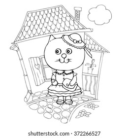 Illustration of a pretty cat in a dress and in a hat standing near her house on the cobbled street