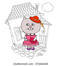 Illustration of  pretty cat in a rose dress and red hat standing near her house on the cobbled street