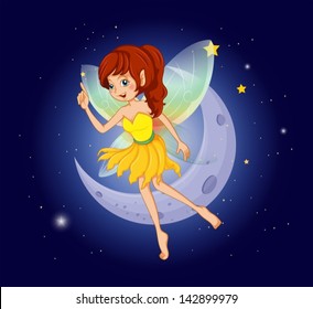 Illustration of a pretty fairy at the sky near the moon