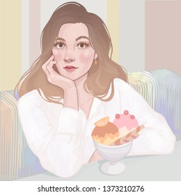 illustration of a pretty girl in a cafe eating an appetizing ice cream and carefully listening to you, gentle pastel colors
