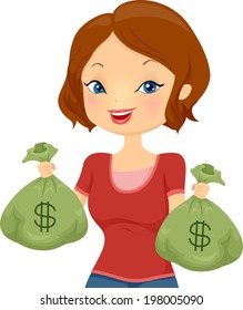 Illustration of a Pretty Girl Carrying Cash Bags