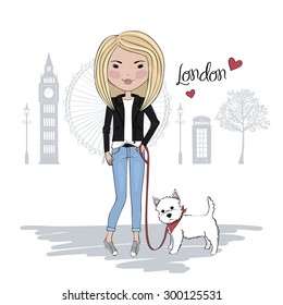 Illustration of pretty girl with dog in London 
