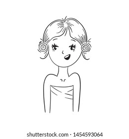 Illustration of pretty girl doing beauty treatments. Black and white vector illustration. Girl with her hair in curlers is ready for beauty treatments. 