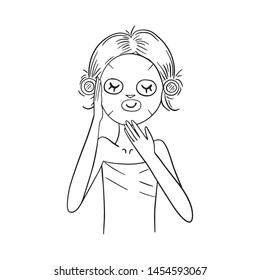 Illustration of pretty girl doing beauty treatments. Black and white vector illustration. Instruction: How to apply facial sheet mask.