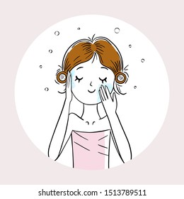 Illustration of pretty girl doing beauty treatments. Vector illustration. Instruction: How to apply facial mask. Girl is cleaning her face or apllying facial cream. 