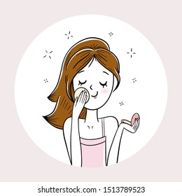 Illustration of pretty girl doing beauty treatments. Vector illustration. Girl is applying compact powder.
