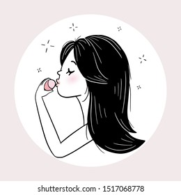 Illustration of pretty girl doing beauty treatments or make-up. Vector illustration. Girl is applying lip balm. 