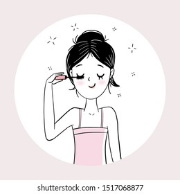 Illustration of pretty girl doing beauty treatments. Vector illustration. Girl is applying mascara. 