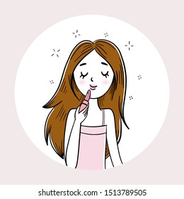 Illustration of pretty girl doing make-up. Vector illustration. Girl is applying lipstick. 