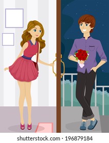 Illustration of a Pretty Girl Meeting Her Date at the Doorstep