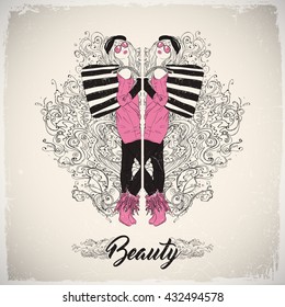 Illustration of a pretty girl on a background with ornament. Vector collection.