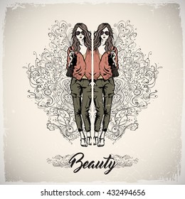 Illustration of a pretty girl on a background with ornament. Vector collection.