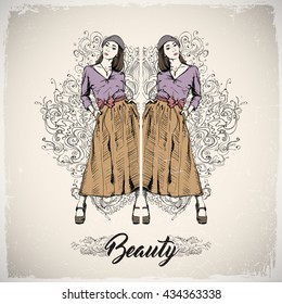 Illustration of a pretty girl on a background with ornament. Vector collection.