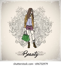 Illustration of a pretty girl on a background with ornament. Vector collection.