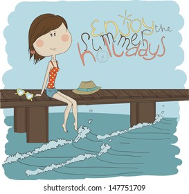 Illustration pretty girl on the beach. Illustration of a girl sitting on a pier eps 10