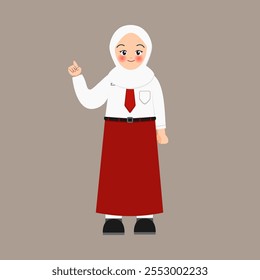 Illustration of pretty girl wearing indonesian elementary school with thumb up pose