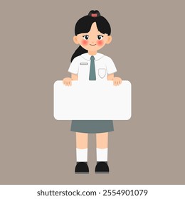 Illustration of pretty girl wearing indonesian senior high school student holding blank board