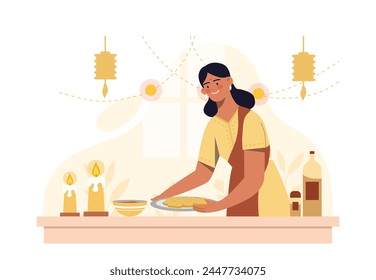 Illustration of a pretty Indian woman cooking in a kitchen with traditional elements, flat design, on a light background, concept of home cooking. Vector illustration