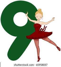 Illustration of a Pretty Lady Dancing Beside a Number Nine