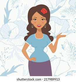 Illustration of pretty latin woman with beautiful floral background