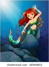 Illustration of a pretty mermaid trapped with the big rocks under the sea