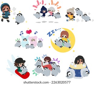 The illustration of pretty penguin babies and little children gathering and having fun