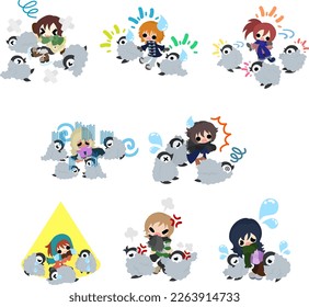The illustration of pretty penguin babies and little children gathering and having fun