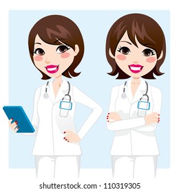 Illustration of pretty professional doctor woman holding tablet device and with arms crossed