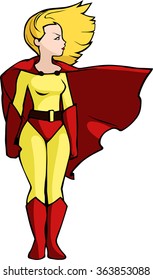 Illustration of a pretty super lady in a red and yellow costume