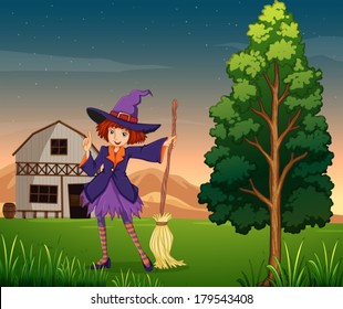Illustration of a pretty witch at the farm