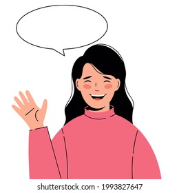 Illustration of a pretty woman with a greeting gesture. Girl says hello!