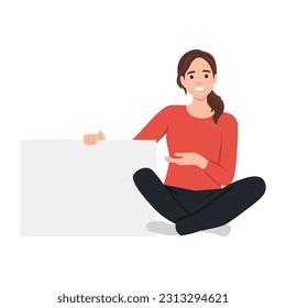 Illustration of a pretty woman holding an empty board. Flat vector illustration isolated on white background 