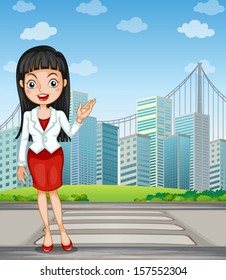 Illustration of a pretty woman presenting the tall buildings
