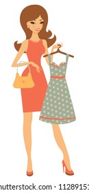 An illustration of a pretty woman shopping for a dress