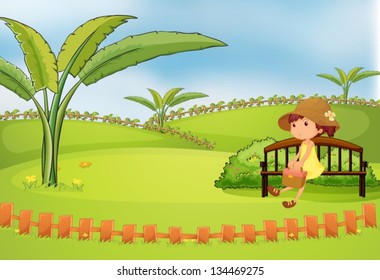 Illustration of a pretty woman sitting in a bench
