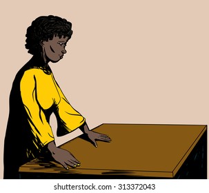Illustration of a pretty woman working at an empty table