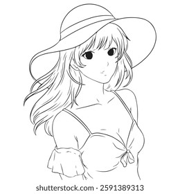 Illustration of a pretty young woman in a swimsuit and hat
