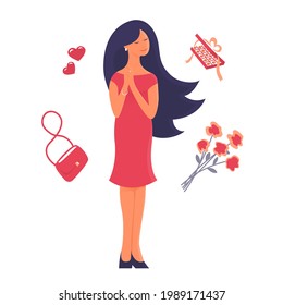 Illustration of a pretty young woman with a white background. Dreams of beautiful romantic dates and gifts. Sweets, hearts, a bouquet of flowers. Vector cartoon illustration.