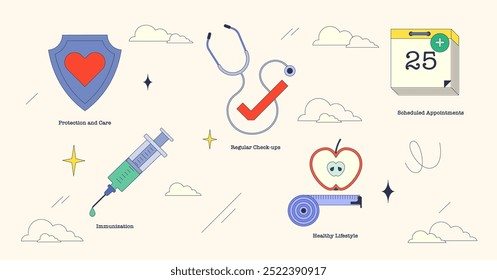 Illustration of preventative healthcare elements like a shield, stethoscope, and syringe in neubrutalism style collection.