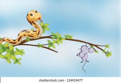 Ilustración de una presa y un depredador en un árbol