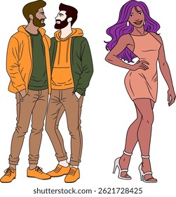 Illustration of Pride Month, Group of Friends with Different Styles_Rainbow