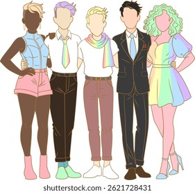 Illustration of Pride Month, Group of Friends with Different Styles_Rainbow