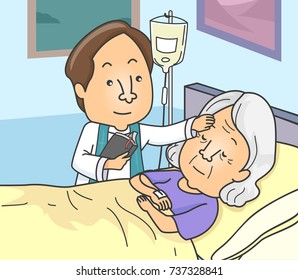 Illustration Of A Priest Anointing A Sick Senior In The Hospital