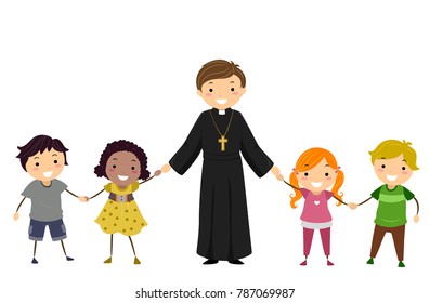 Illustration of a Priest Holding Hands of Stickman Kids