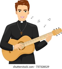 Illustration of a Priest Playing a Guitar and Singing Praise Songs