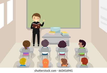 Illustration of a Priest Teaching about the Bible to Students in a Classroom