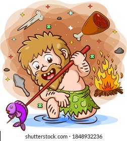 The illustration of the primordial man doing for eat the fish from the river and burning it
