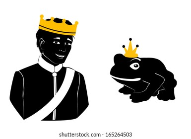 Illustration of a prince and a frog, both wearing crowns.