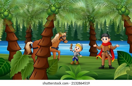 Illustration of a prince and little knight in a forest